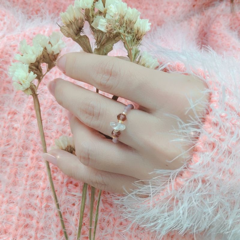 Nhẫn hạt cườm mặt đá trong suốt, phong cách thời trang Hàn Quốc