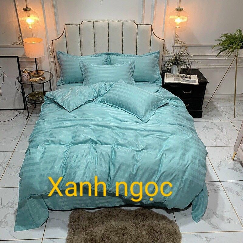 Bộ Chăn Ga CottonTici Nhập khẩu 3F kẻ sọc Xanh ngọc