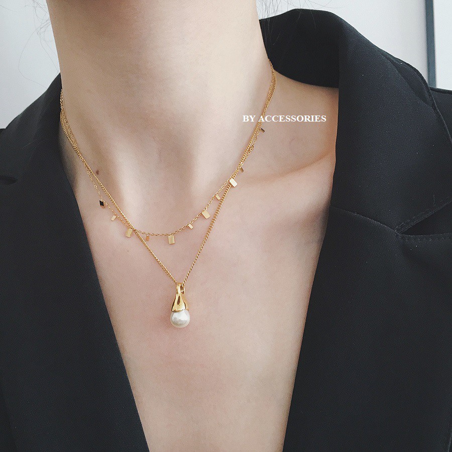 Dây chuyền titan xích phối mặt chữ nhật li ti và dây hạt ngọc không gỉ