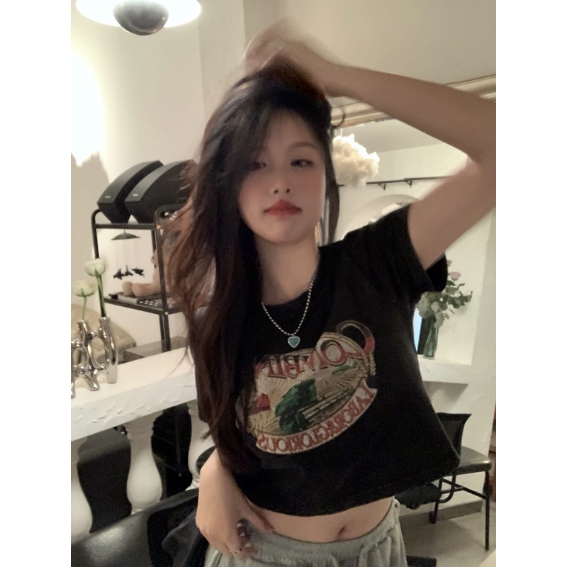 Porozi  Áo thun lửng  tay ngắn cổ tròn dáng ôm in họa tiết phong cách retro Hàn Quốc thời trang cho nữ