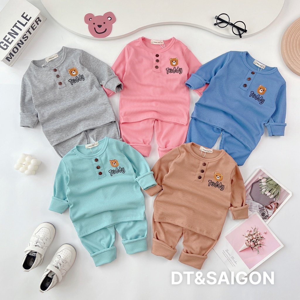 Bộ gân tăm cổ trụ thêu hình gấu cho bé từ 6-15kg