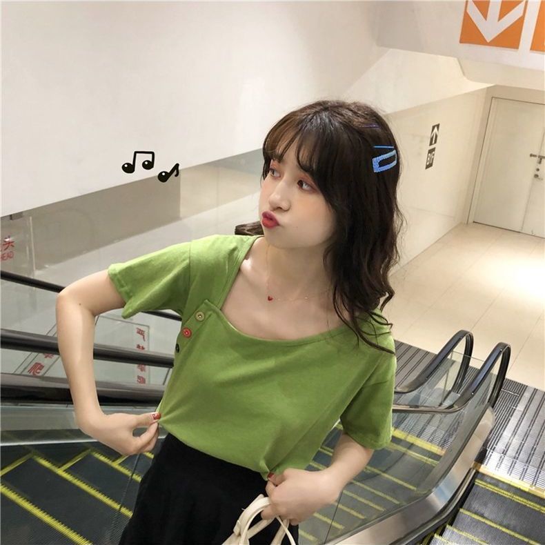 Áo Thun Tay Ngắn Cổ Thấp Phong Cách Mới Ngọt Ngào Cho Nữ