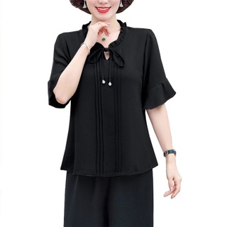 SHOPPRO - Áo kiểu Trung Niên Nữ Kiểu Áo Sơ Mi Xếp Ly Tay Loe Cổ Nhún Bèo Cột Nơ - Thời Trang Trung Niên 3A22 3A15 3A02