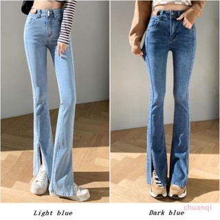 Quần jeans nữ lưng cao ống loe xẻ tà thời trang