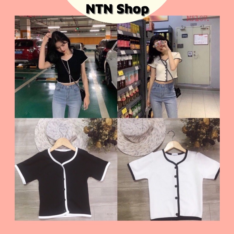 Áo croptop nút thật phối viền hàng xịn (ap)