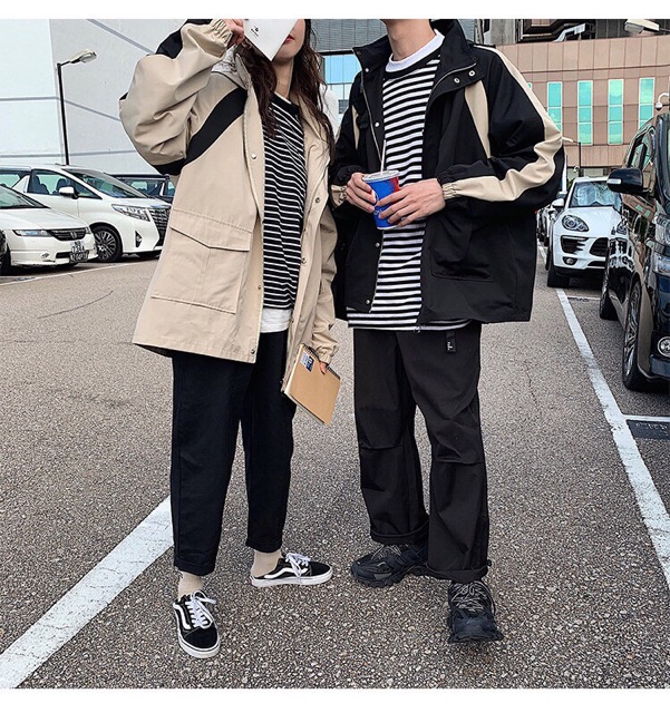 Áo khoác kaki nam nữ túi hộp phối màu kem đen- ảnh thật | BigBuy360 - bigbuy360.vn