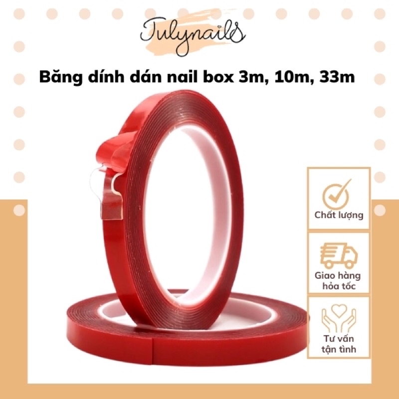 Băng dính nail box 2 mặt trong suốt cuộn lớn nhỏ 3m 10m 30 nhiều kích thước siêu dính chắc làm móng đa năng julynails.vn