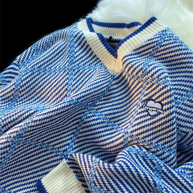 【Keroro】Áo len dáng dài kẻ sọc cổ tim phối viền cực xinh | BigBuy360 - bigbuy360.vn