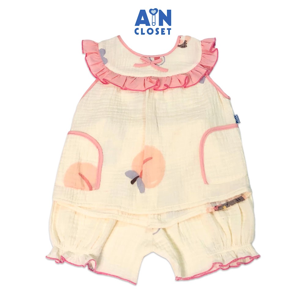 Bộ quần áo ngắn bé gái họa tiết Đào tiên hồng xô muslin - AICDBGRRZNHQ - AIN Closet