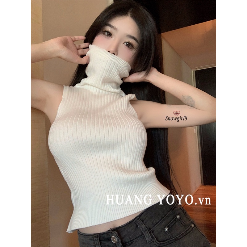 Kumikumi HUANG YOYO Áo cộc tay dệt kim cổ cao dáng ôm phong cách Hàn Quốc thời trang quyến rũ cho nữ