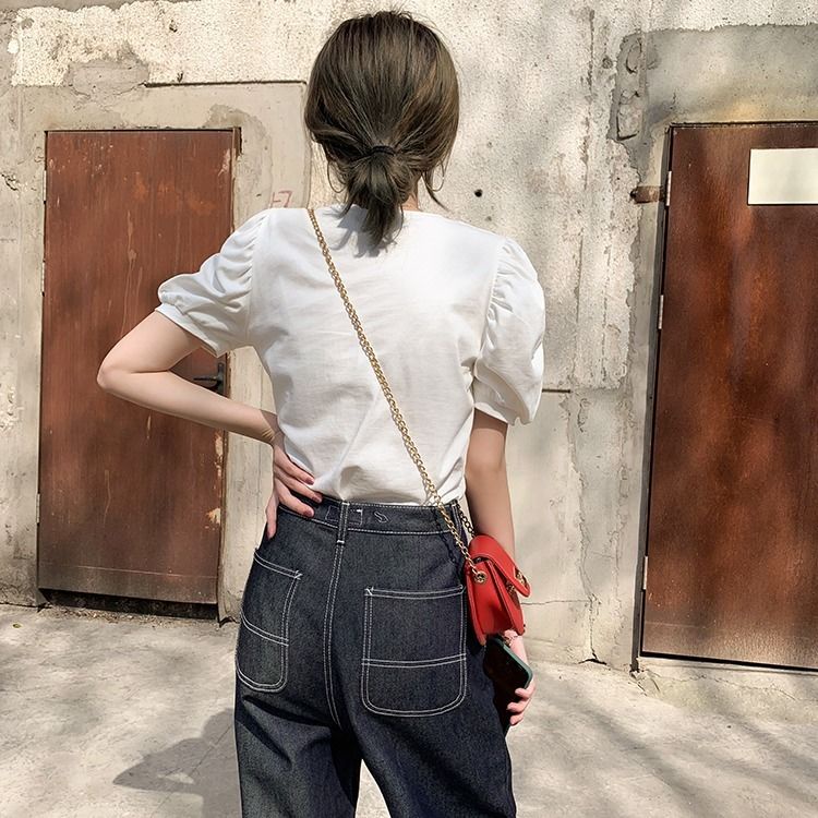 Áo thun cotton tay ngắn phồng cổ tròn màu trắng thời trang dành cho nữ