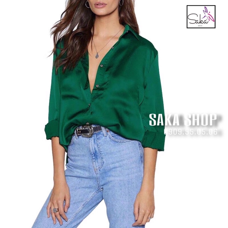 Áo sơ mi nữ lụa cao cấp tay dài màu xanh lá cây không nhăn mát mịn