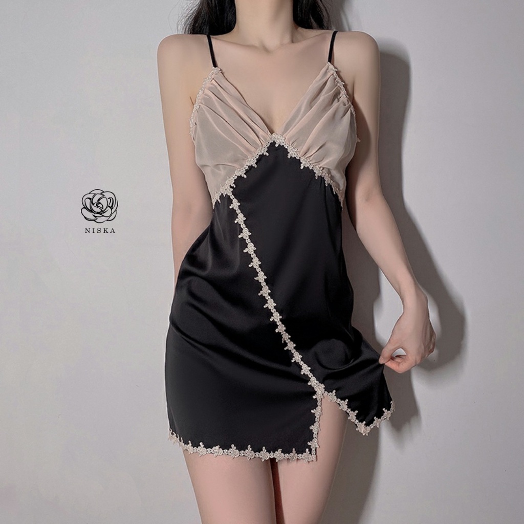 Đầm ngủ satin phối voan - Mã D273