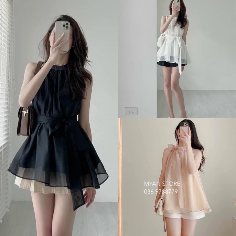 Áo 3 lỗ cổ buộc nơ chất lụa tơ oganza siêu xinh