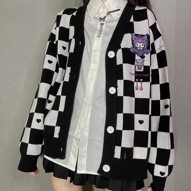 My Melody Kawaii Japanese Harajuku Cinnamon Dog Kuromi JK Loose Sweater Checkerboard Sweet Cute Cardigan