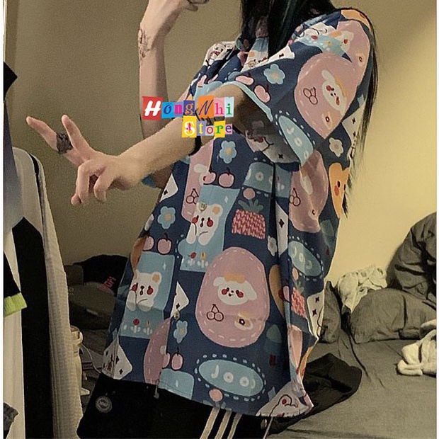 Áo Sơ Mi Họa Tiết Trái Tim Hoạt Hình Tay Lỡ Dáng Rộng Ulzzang Unisex, Sơ Mi Đi Biển - MM