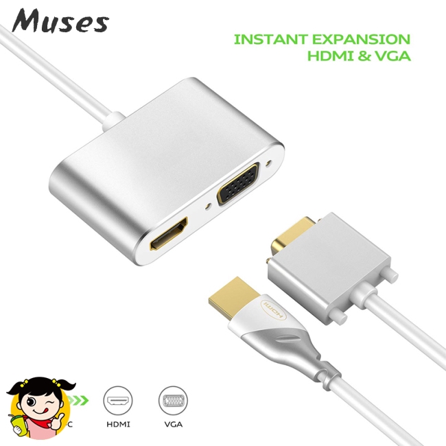 Bộ chuyển đổi USB 3.1 Type-C sang HDMI VGA 2 trong 1 VGA HDMI 4K UHD điều hợp hiển thị màn hình kép
