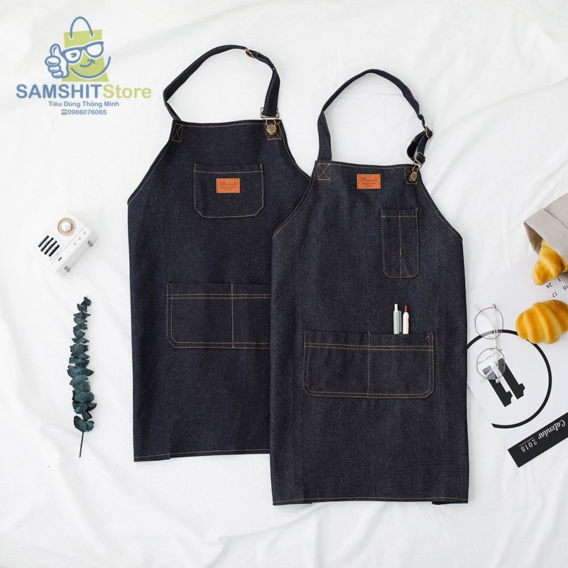 Tạp Dề Nhà Bếp Denim Có Túi Giá Rẻ Chống Thấm Nước, Dầu Mỡ Cho Nội Trợ, Làm Bánh, Bartender - GD21