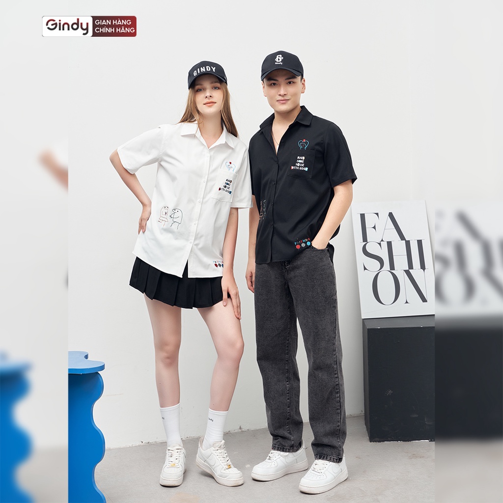 Áo sơ mi nam nữ form rộng unisex thời trang Hàn Quốc GINDY sơmi ngắn tay thiết kế thêu chữ họa tiết A077