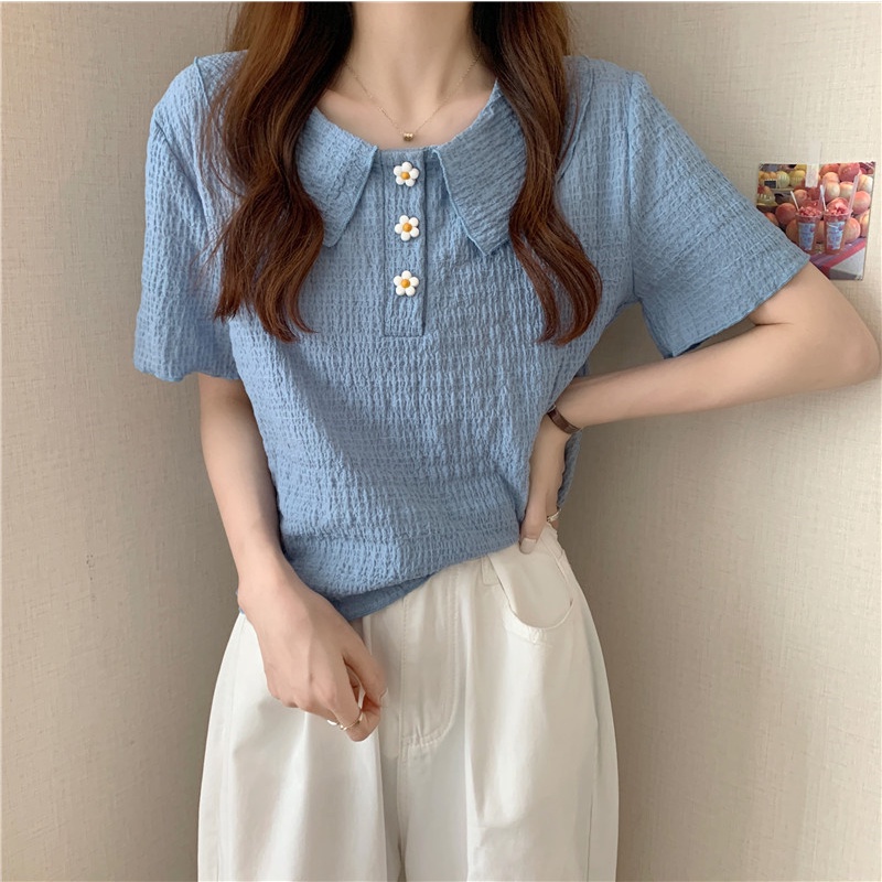 Áo kiểu tay ngắn cổ polo trẻ trung thời trang mới dành cho nữ