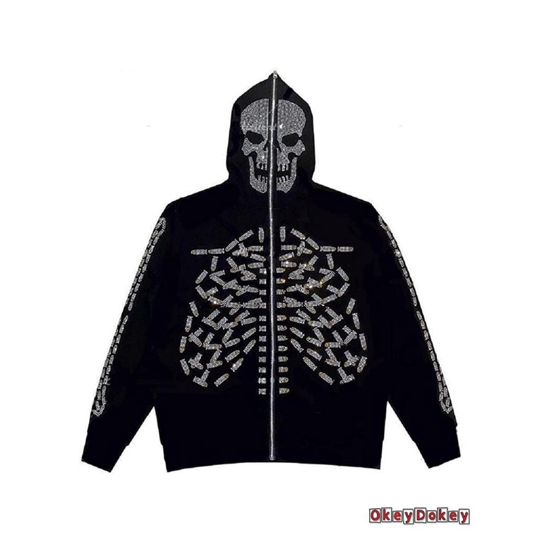 Áo Khoác Tay Dài Có Mũ Trùm Đầu In Họa Tiết Nhện / Đầu Lâu Đính Đá Có Khóa Kéo