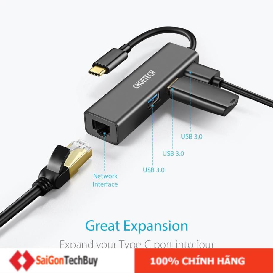 Hub Adapter chuyển đổi 4 in 1 Type-C ra 3 cổng USB 3.0 & cổng LAN RJ45 hiệu CHOETECH U02BK dùng cho Macbook / Laptop