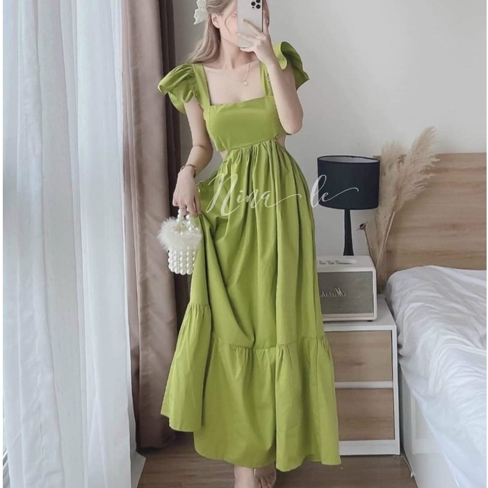 Đầm maxi dáng dài cánh tiên khoét eo nơ lưng cho nàng đi chơi dạo phố