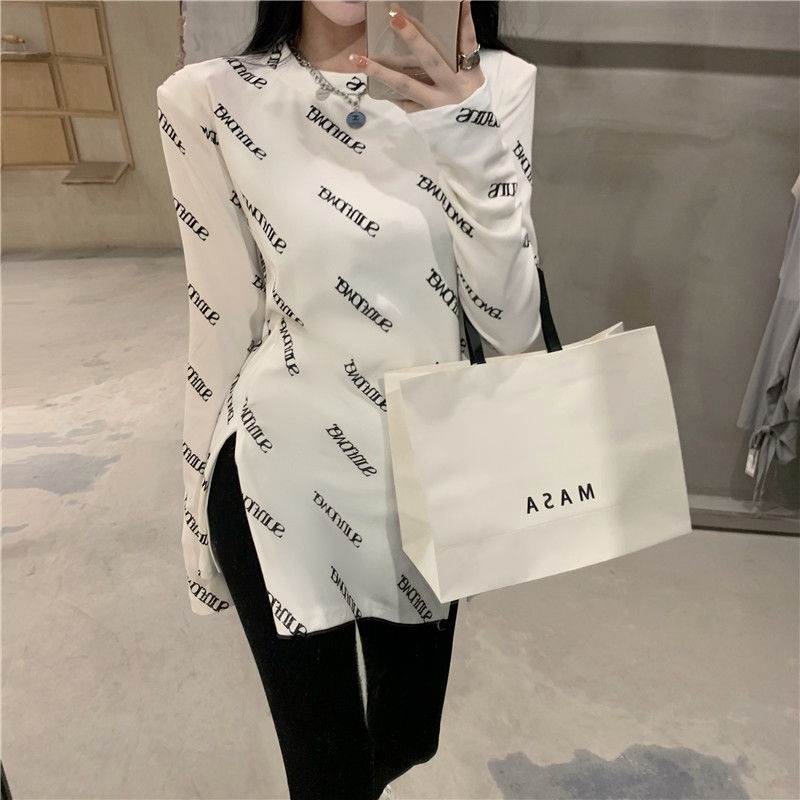 Áo thun nữ dài tay cổ tròn in chữ phong cách đường phố mới