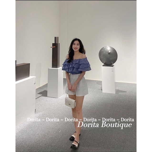 Áo trễ vai kẻ Caro Hàn Quốc, Áo trễ vai Caro siêu xinh - Dorita Boutique