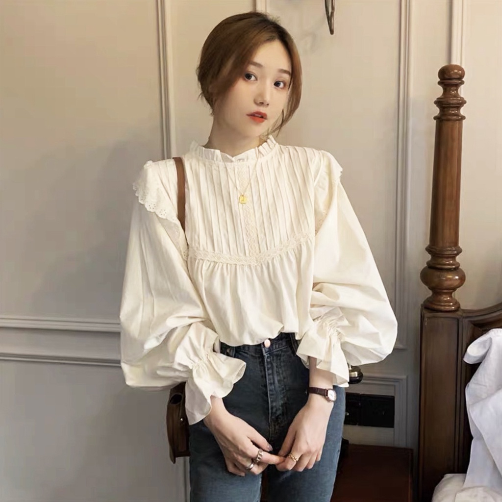 [Mã 1010FASHIONSALE7348 giảm 10K đơn 50K] [Ảnh thật/Video] Áo babydoll cổ bèo phối ren ly Ulzzang - Hàng QCCC