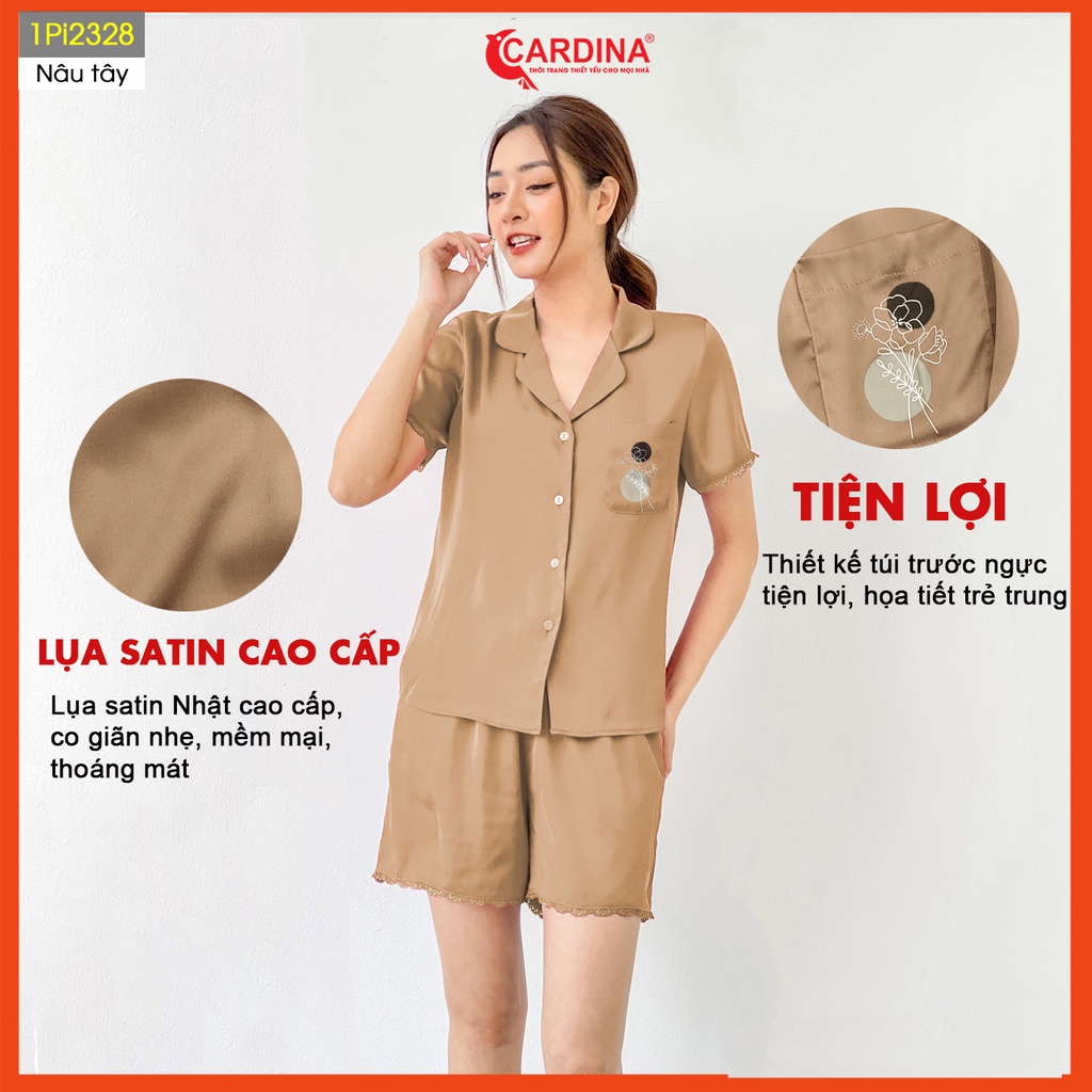 Đồ bộ pijama nữ CARDINA chất lụa satin Nhật cao cấp áo cộc tay quần đùi viền ren mềm mại thoáng mát 1Pi23