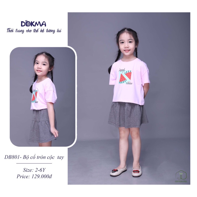 DB801 Bộ cổ tròn cộc tay chân váy bé gái Dokma (2-6T)