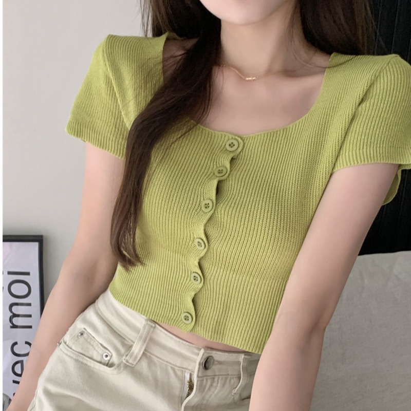 Áo Len Tay Ngắn Cổ Vuông Màu Sắc Ngọt Ngào Thời Trang Mùa Hè Cho Nữ