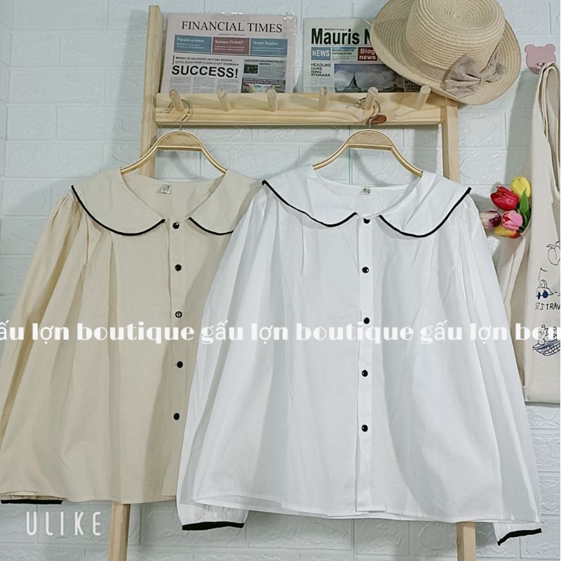 áo sơ mi cổ sen viền đen vintage ảnh thật