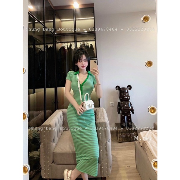 ĐẦM MIDI BODY SỌC XANH CỔ POLO