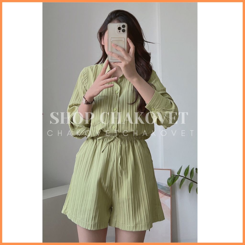 Set áo sơ mi đũi gân xẻ tà tiểu thư S8418 Bộ đồ nữ bánh bèo gồm áo xẻ hông buộc dây kèm quần sooc Ulzzang cực xinh