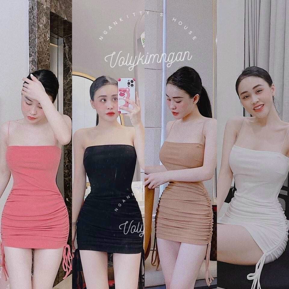 Đầm 2 dây  ôm body trơn kiểu rút dây 2 bên cực xinh ,  chất thun bozip mềm mịn mk