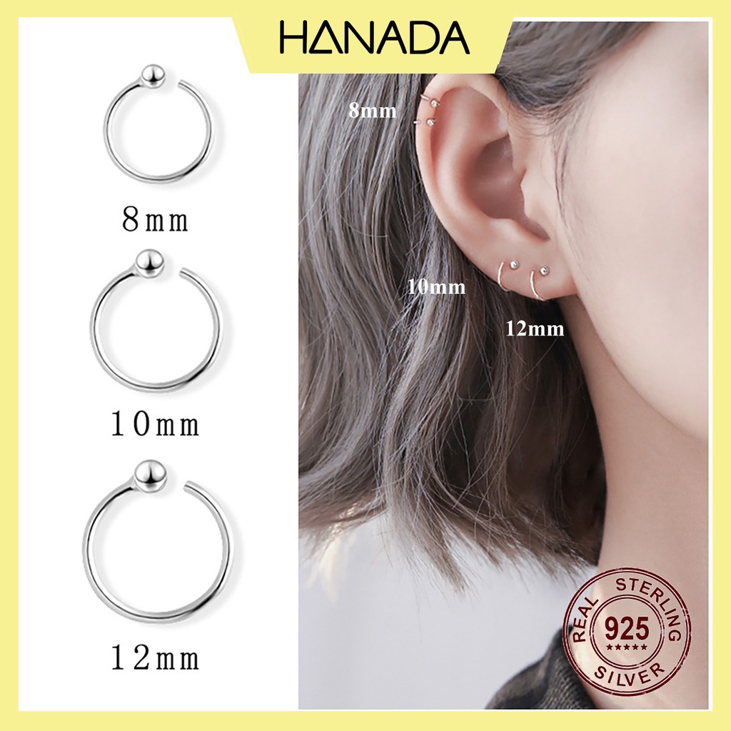 Khuyên Tai Tròn Nữ Bạc 925 Khoen Trơn Hở Bông Tai Đầu Bi Đeo Nhiều Lỗ Hanada 0418