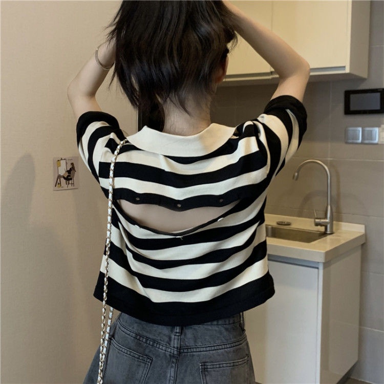 Áo Sơ Mi Cổ Polo Hở Lưng Dáng Rộng Họa Tiết Kẻ Sọc Thời Trang Mùa Hè Quyến Rũ Cho Nữ