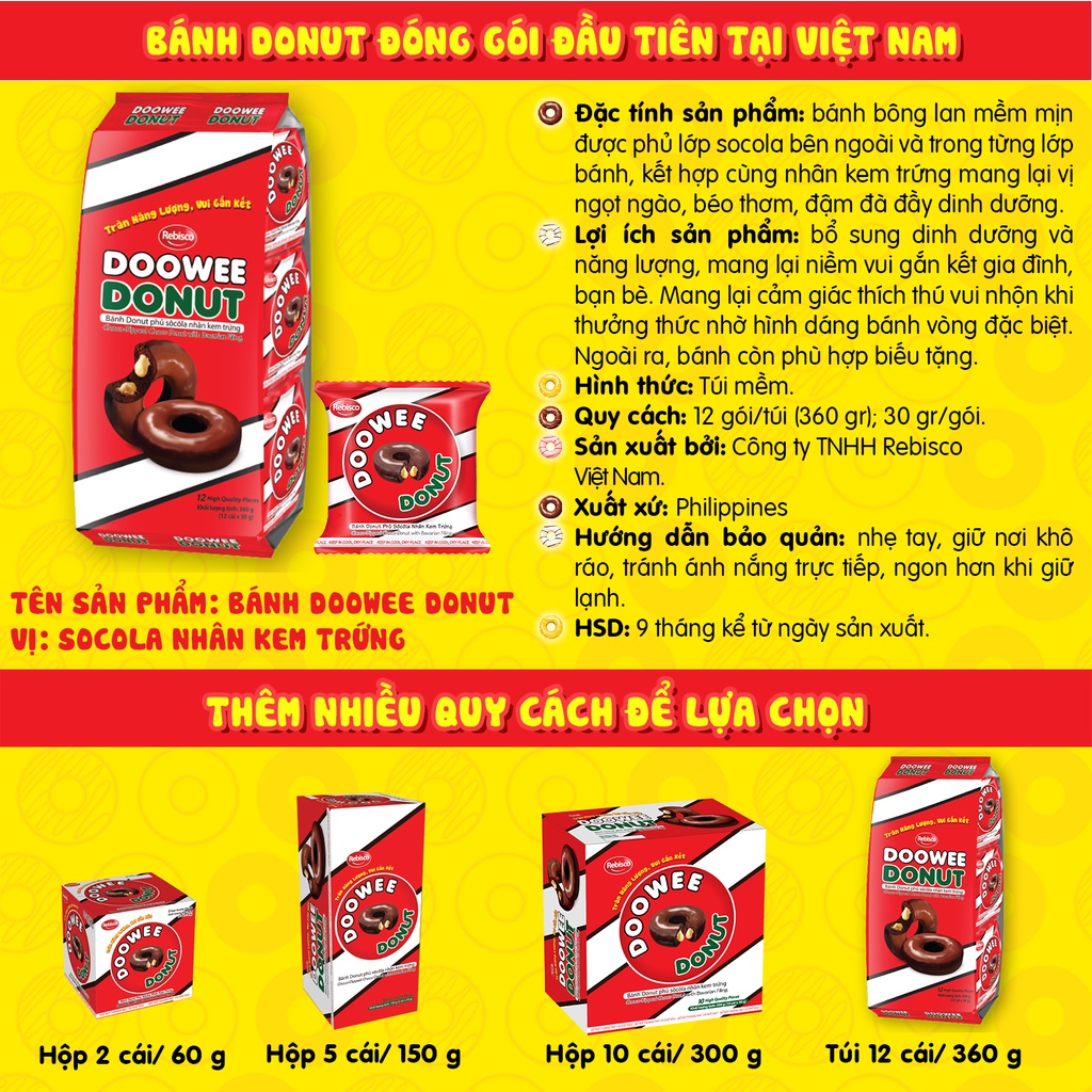 Bánh bông lan - DOOWEE DONUT - Vị socola nhân kem trứng - Túi 12 cái/ 360 Gram