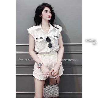 Set áo sơ mi thô trắng đắp túi nắp chữ miu miu phối quần short kaki!