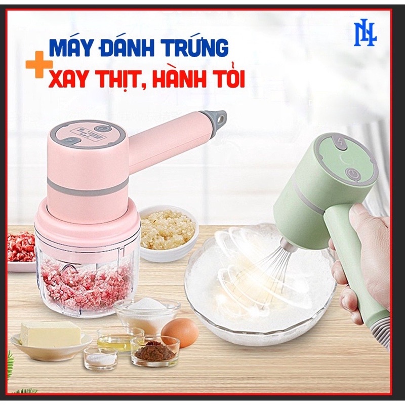 Máy Đánh Trứng Cầm Tay 3 trong 1 đa năng pin sạc MIFAN 2021 - Máy xay thịt tỏi ớt hạt tiêu đánh sữa cafe mini không dây