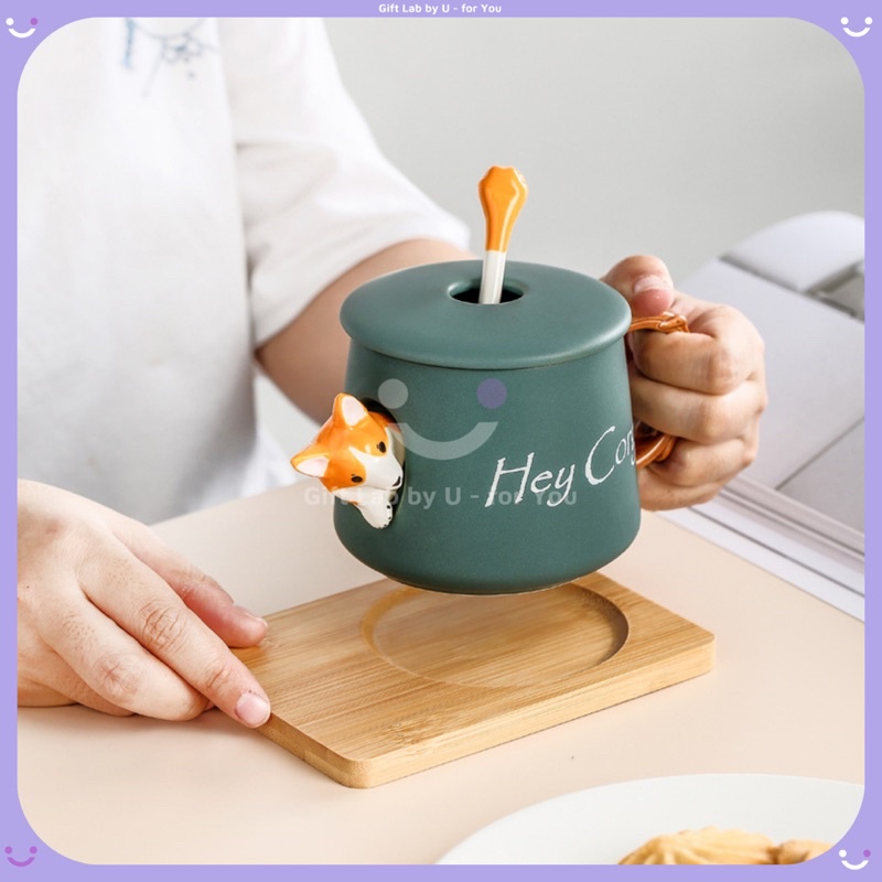 Cốc gốm sứ cao cấp hình cún Corgi siêu đáng yêu kèm nắp thìa(48)