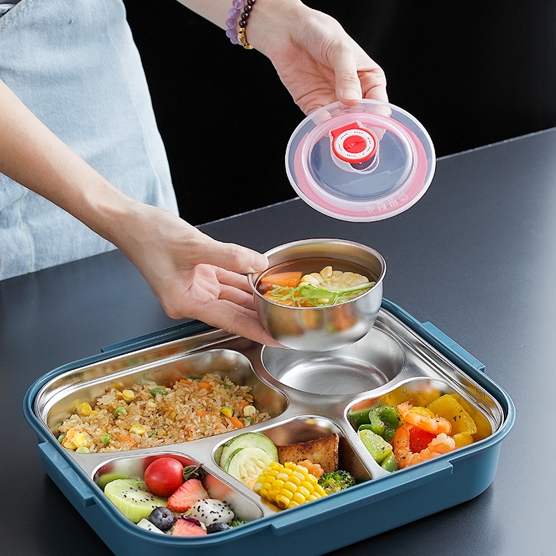 Hộp Cơm Văn Phòng-Hộp Cơm Giữ Nhiệt 5 ngăn bằng INOX có bát đựng canh có giá để điện thoại tặng đ - Shop Dathang1688
