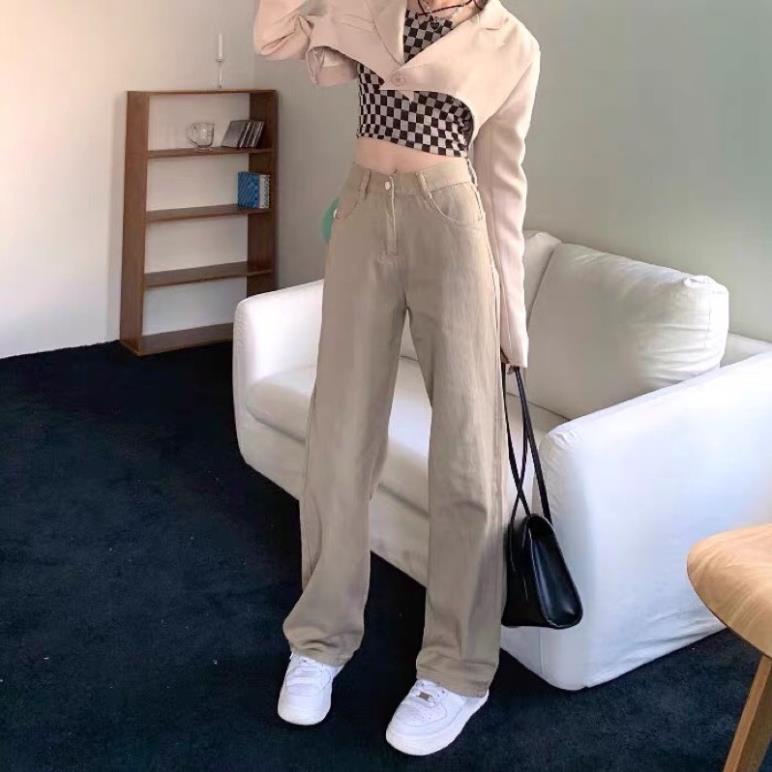 Quần jeans ống suông nâu sữa cạp cao siêu hack chân siêu tôn dáng | BigBuy360 - bigbuy360.vn