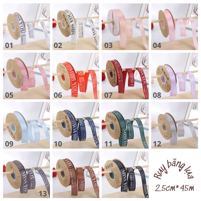 [Cuộn 22m/45m] Dây Ruy Băng Lụa In Chữ ❤️MISS YOU❤️ Bản 2.5cm, Trang Trí Hộp Quà - Bó Hoa