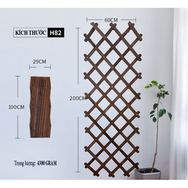 Kệ gỗ treo cây ban công trang trí treo cây hoa KT 200x 60 cm, giàn gỗ hàng rào leo cây có thể thu gọn hình mắt cáo