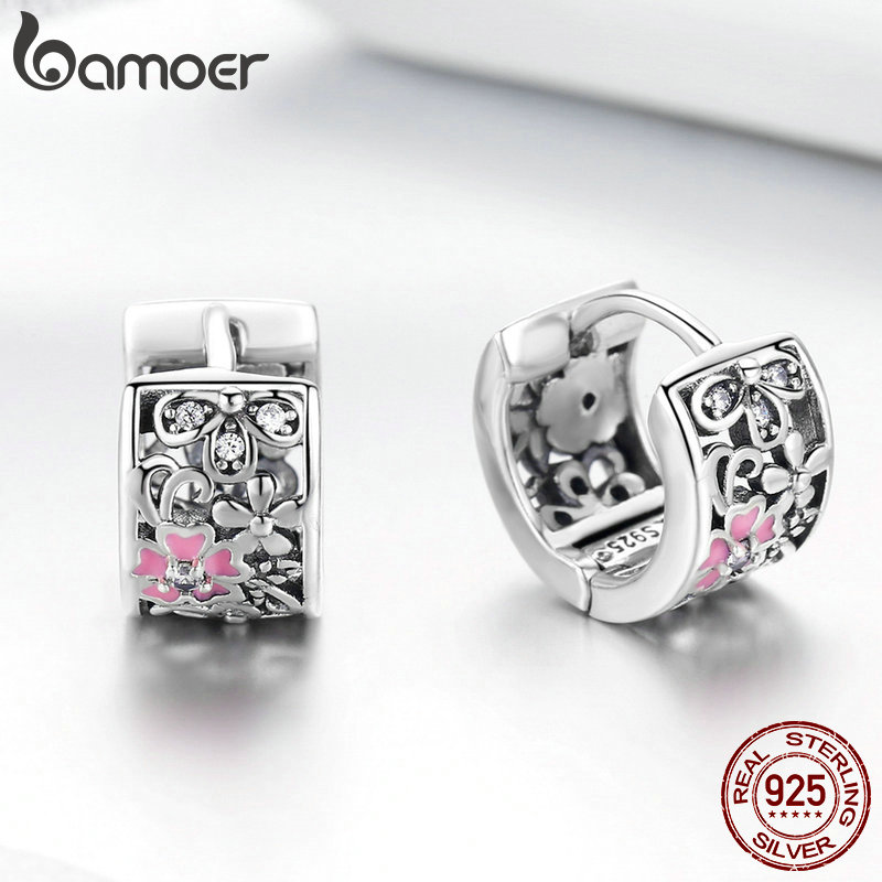 Khuyên tai dạng xỏ BAMOER SCE541 bạc 925 trang trí hoa cúc đính đá CZ tinh tế thời trang dành cho nữ