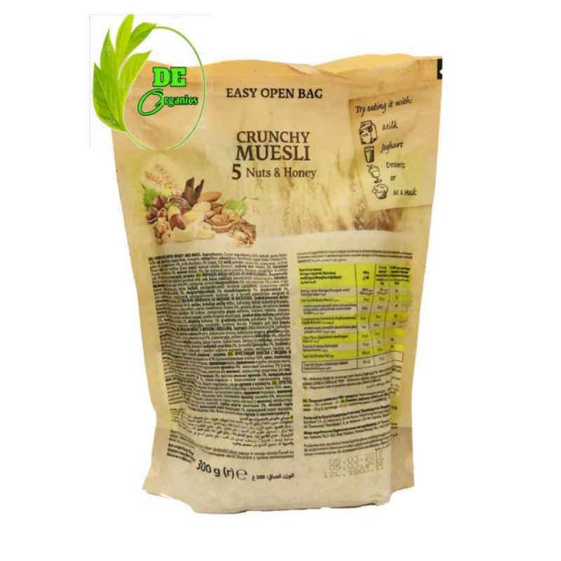 100% ORGANIC Ngũ cốc trái cây BAKALLAND Muesli giòn và hạt óc chó, hạnh nhân, hạt phỉ, mật ong và đậu phộng