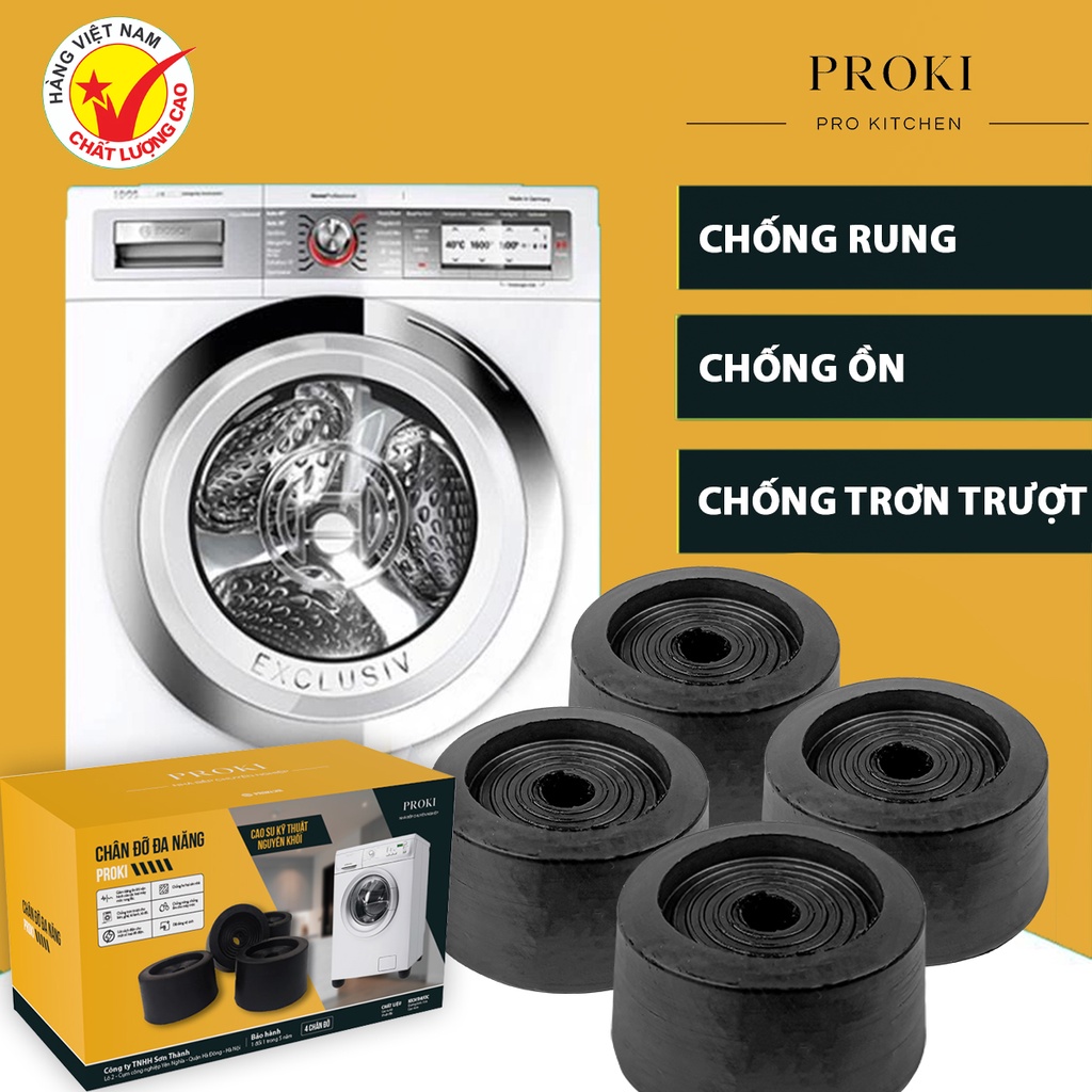 Bộ 4 miếng đệm cao su chống rung máy giặt Proki mẫu mới 2022,  Đế chống rung lắc máy giặt cao su, tủ lạnh, Kệ chống rung